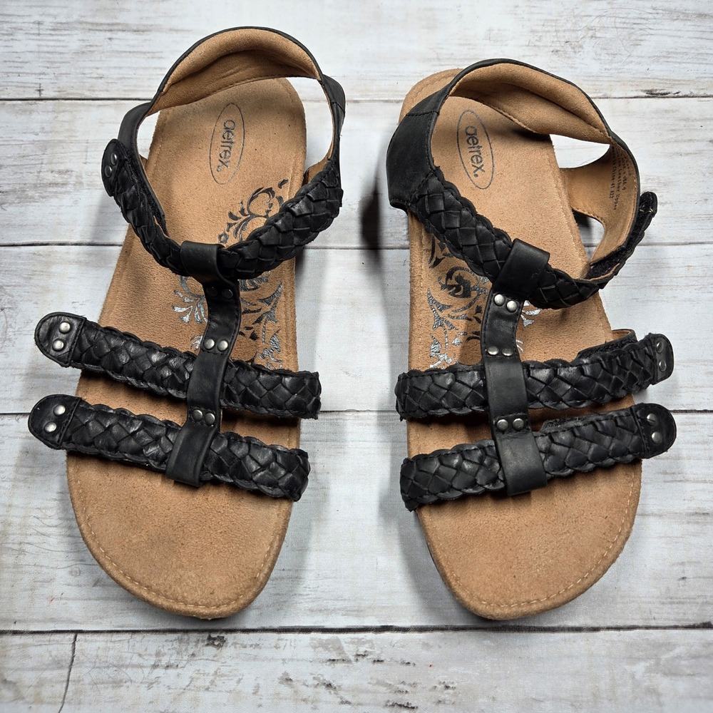 Aetrex Reese Braided Leather Orthotic Sandal Women 8 Black SC120W Strappy Wedge